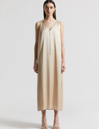 Peserico - Viscose satin midi dress with jewel - Amber Beige