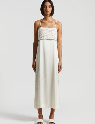 Peserico - Viscose satin midi dress with embroidery - Almond white