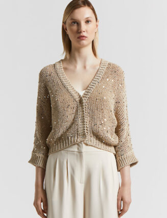 Peserico - Cotton ribbon cardigan with maxi sequins - Amber Beige