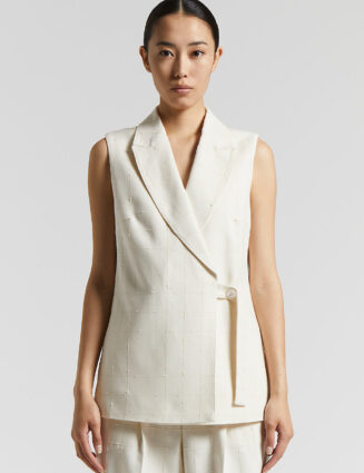 Peserico - Double-breasted waistcoat in stuoia weave with bouclé motif - Cloud white
