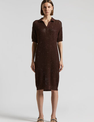 Peserico - Bi-material tricot dress with sequins - Tobacco