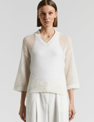 Peserico - Alpaca wool technical yarn polo shirt with sequins - Natural white